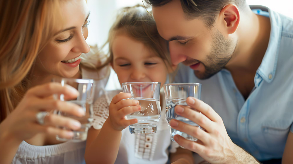 Familie care se bucură de apă curată